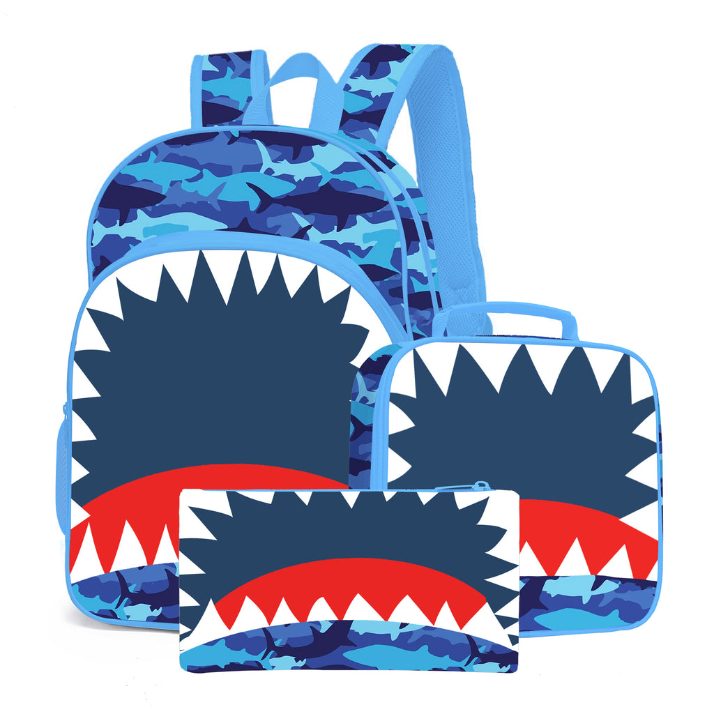 Shark School Backpack for Kids Lunch Bag Pencil Bag 3 Pieces Camo Ideal Present