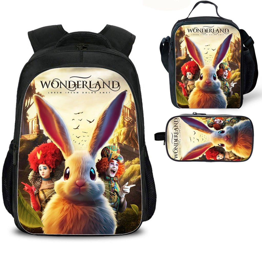 White Rabbit Wonderland Kid's Backpack Lunch Bag Pencil Case 3 Pieces Pop School Merch
