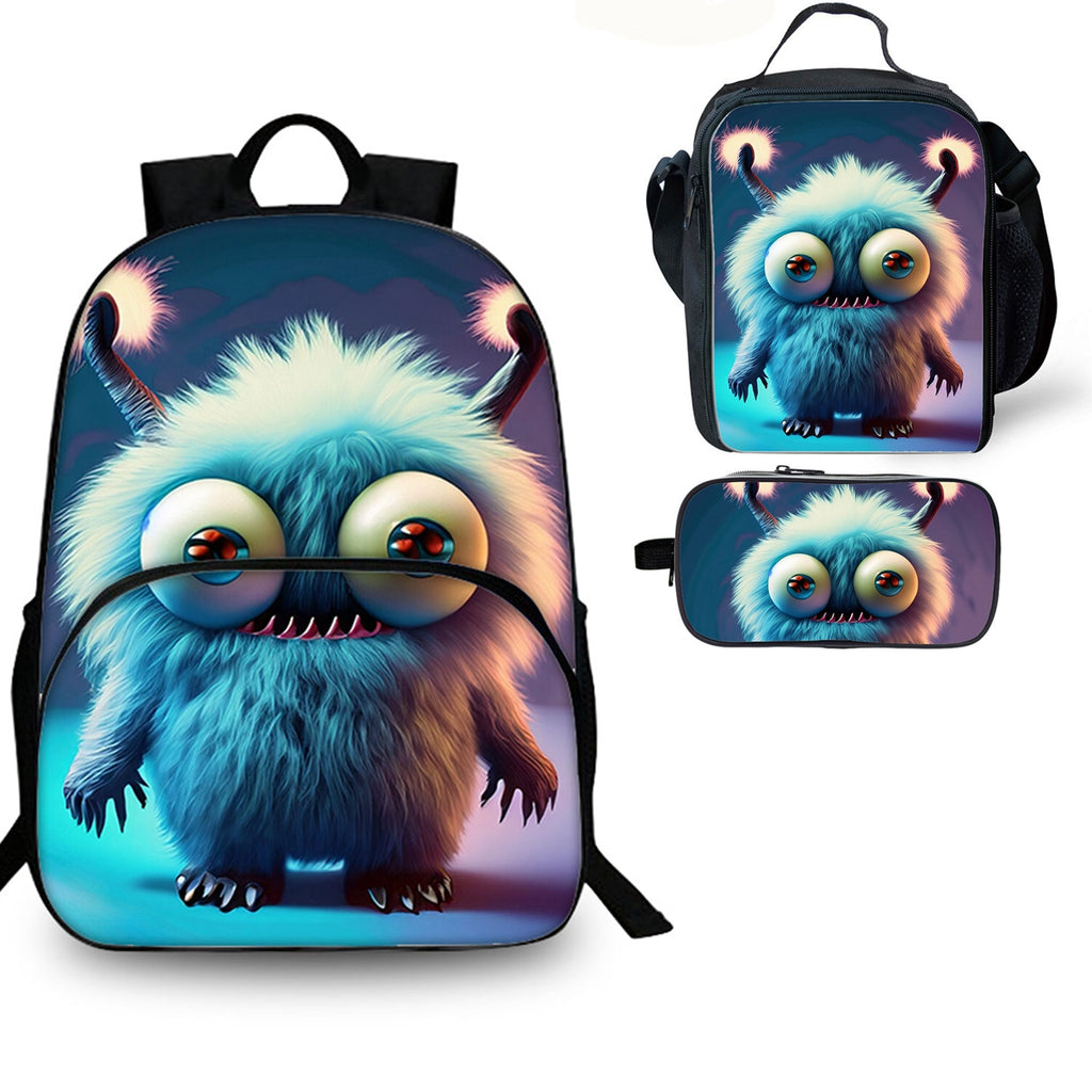 Furry Monster Kids 3PCS School Merch 15 inches School Backpack Lunch Bag Pencil Case