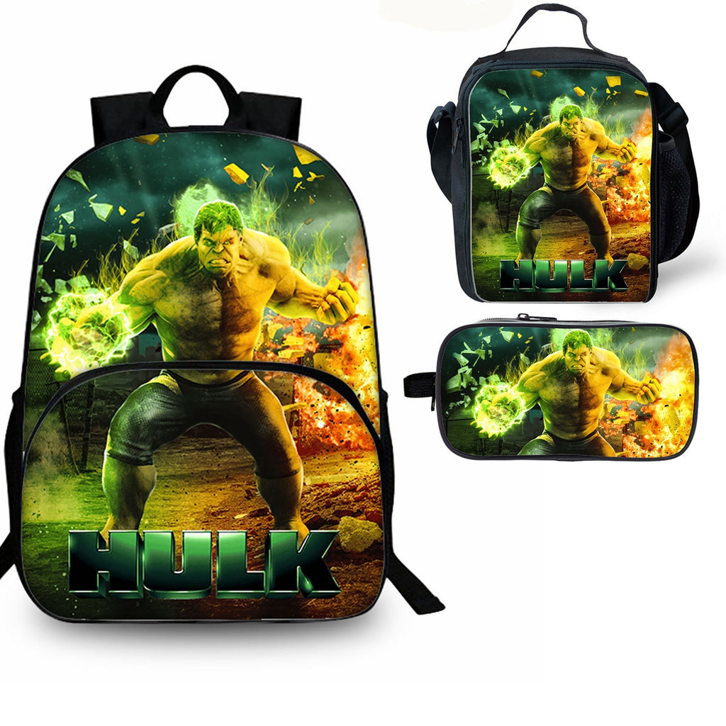 HULK Kids 3 Pieces Combo 15 inches School Backpack Lunch Bag Pencil Case