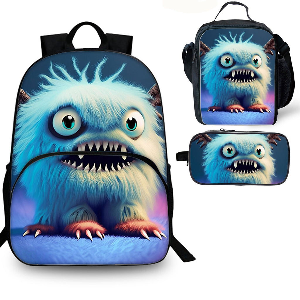 Furry Monster Kids 3PCS School Merch 15 inches School Backpack Lunch Bag Pencil Case