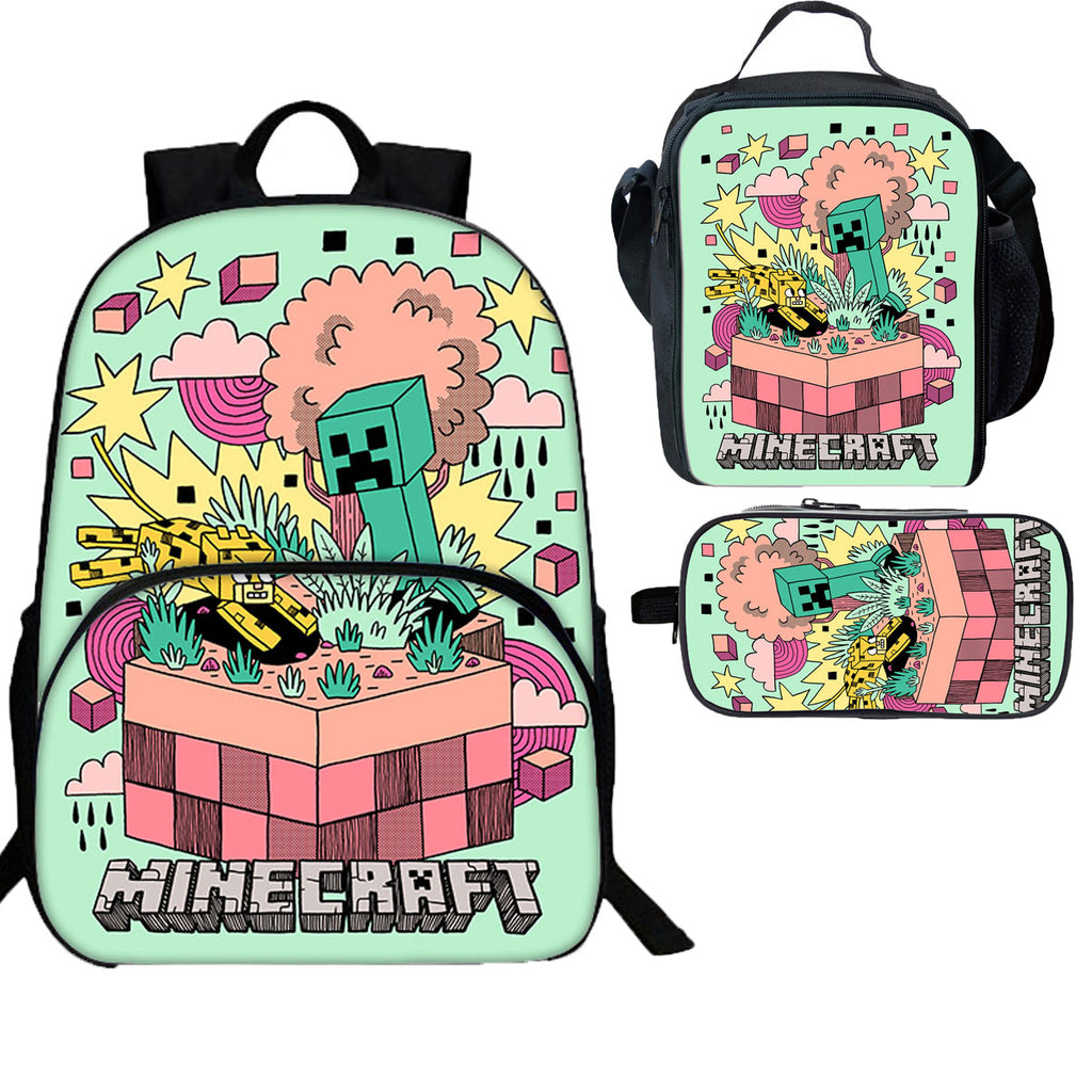 Minecraft 3 Pieces Combo Kid's 15 inches School Backpack Lunch Bag Pencil Case