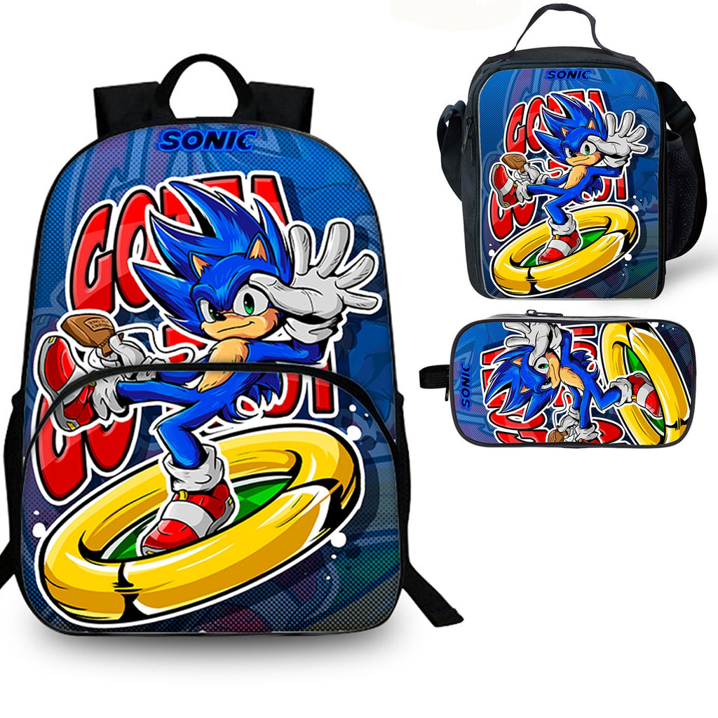 Sonic Kids 3PCS School Merch 15 inches School Backpack Lunch Bag Pencil Case