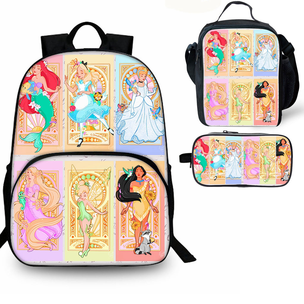 Princess 3 Pieces Combo Kid's 15 inches School Backpack Lunch Bag Pencil Case
