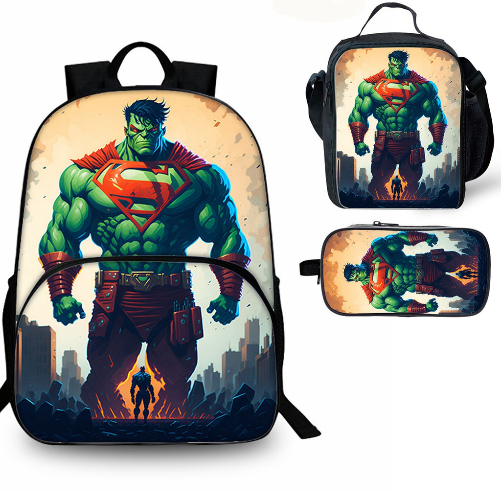 HULK Kids 3 Pieces Combo 15 inches School Backpack Lunch Bag Pencil Case