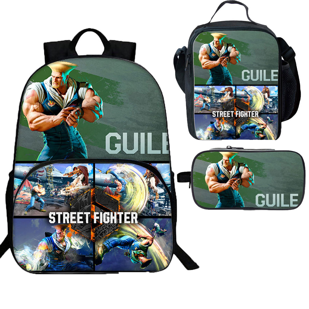 Street Fighter 3 Pieces Combo Kid's 15 inches School Backpack Lunch Bag Pencil Case