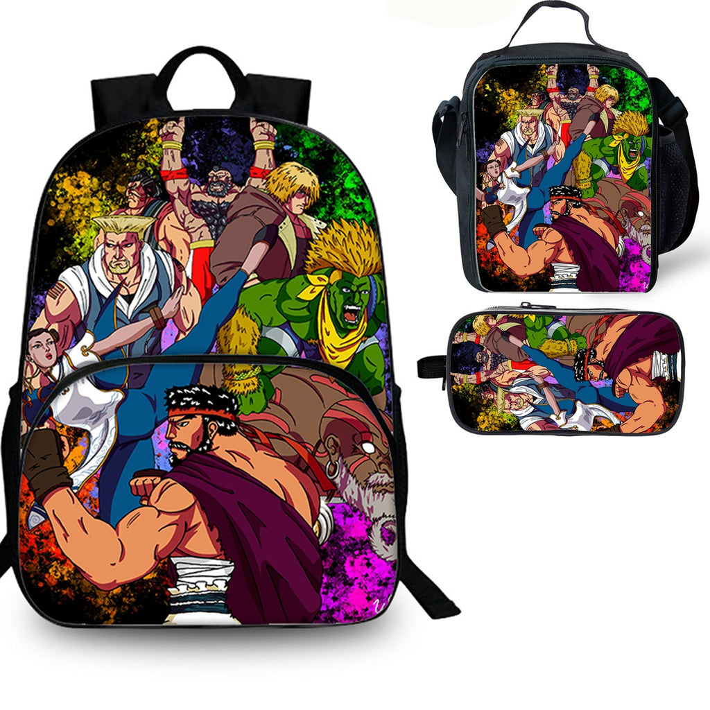 Street Fighter Kids 3PCS School Merch 15 inches School Backpack Lunch Bag Pencil Case