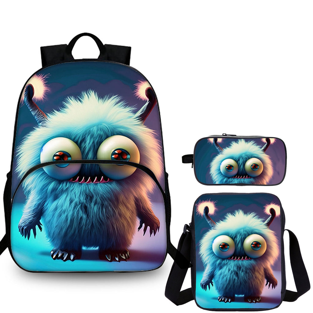 Furry Monster Kids 3 Pieces Combo 15 inches School Backpack Shoulder Bag Pencil Case