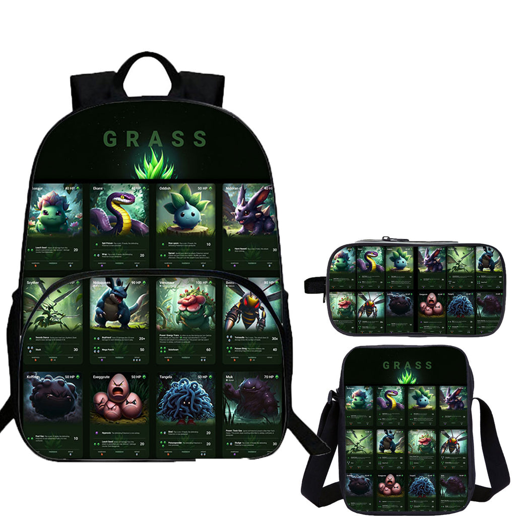 Grass Type Pokemon 3 Pieces Combo Kid's 15 inches School Backpack Shoulder Bag Pencil Case