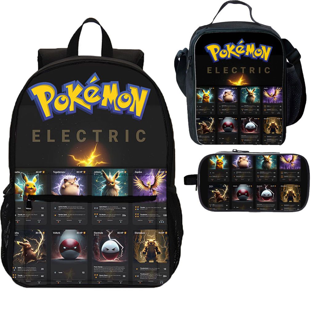 Electric Type Pokemon 3 Pieces Combo 18 inches School Backpack Lunch Bag Pencil Case