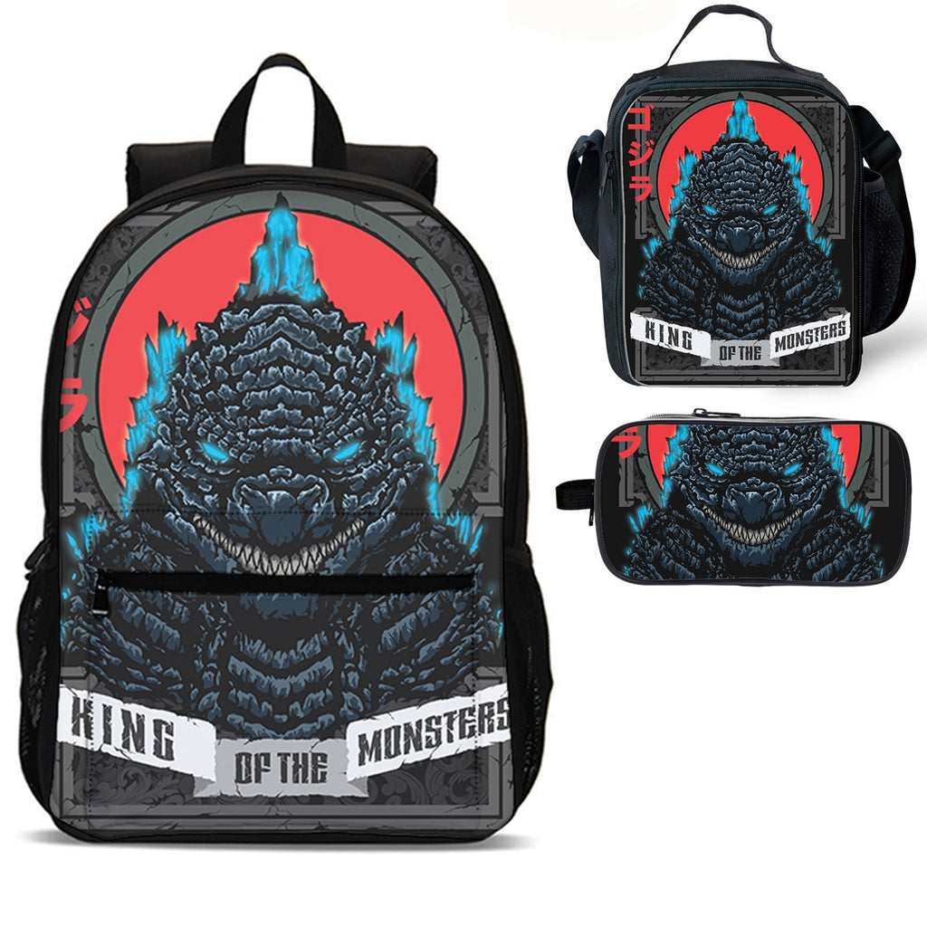 Kids Godzilla 18 inches School Backpack Lunch Bag Pencil Case 3 Pieces Combo