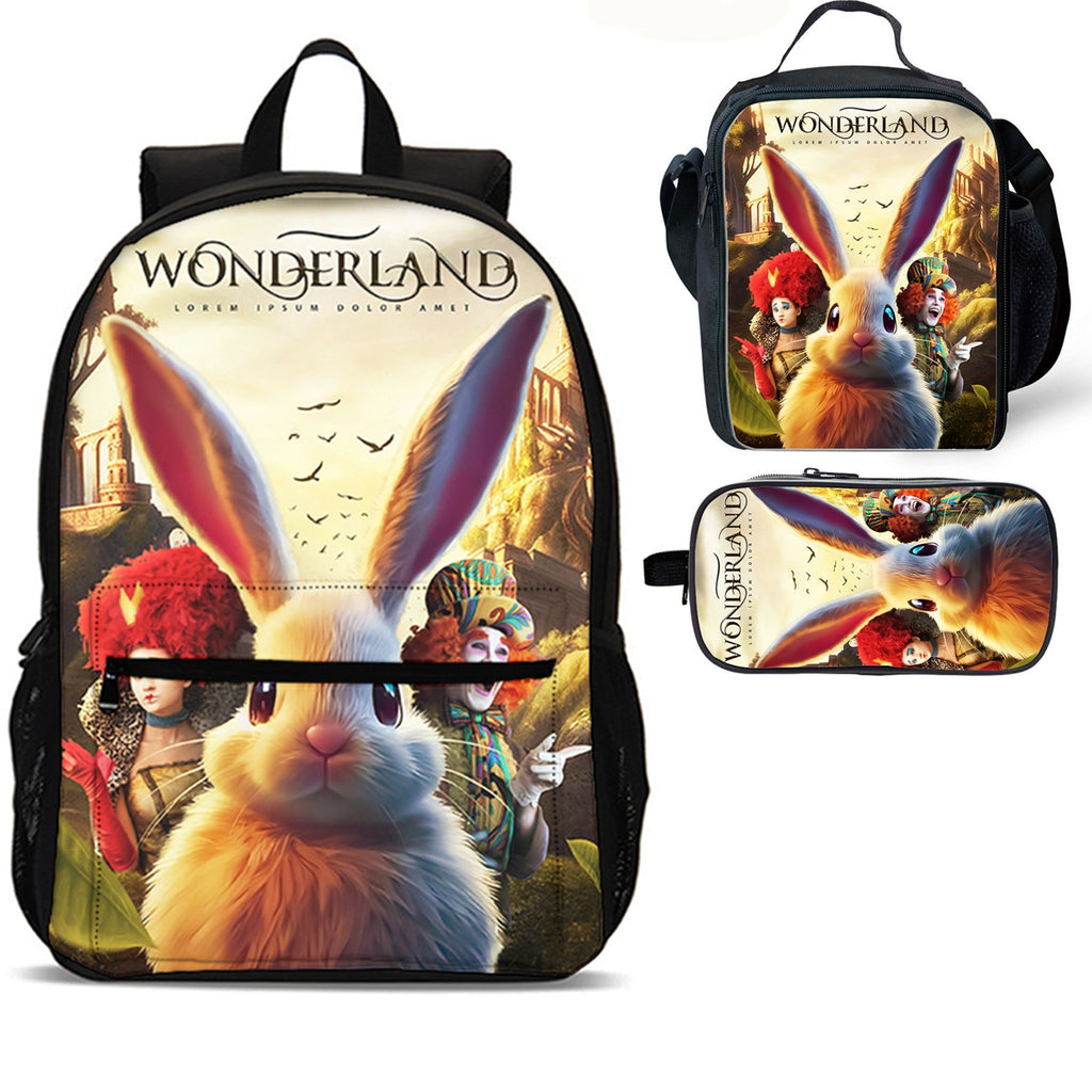 White Rabbit Wonderland Kids 18 inches School Backpack Lunch Bag Pencil Case 3 Pieces Combo