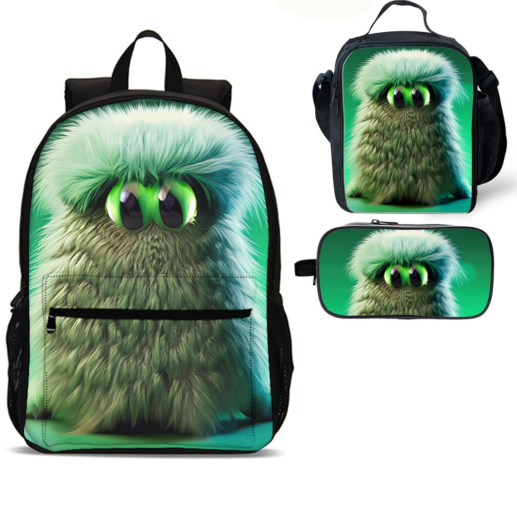 Furry Monster Kids 18 inches School Backpack Lunch Bag Pencil Case 3 Pieces Combo