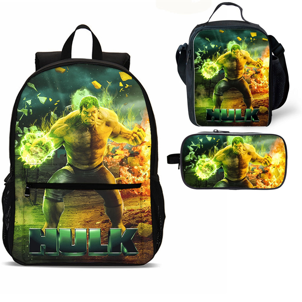 HULK Kids 3 Pieces Combo 18 inches School Backpack Lunch Bag Pencil Case