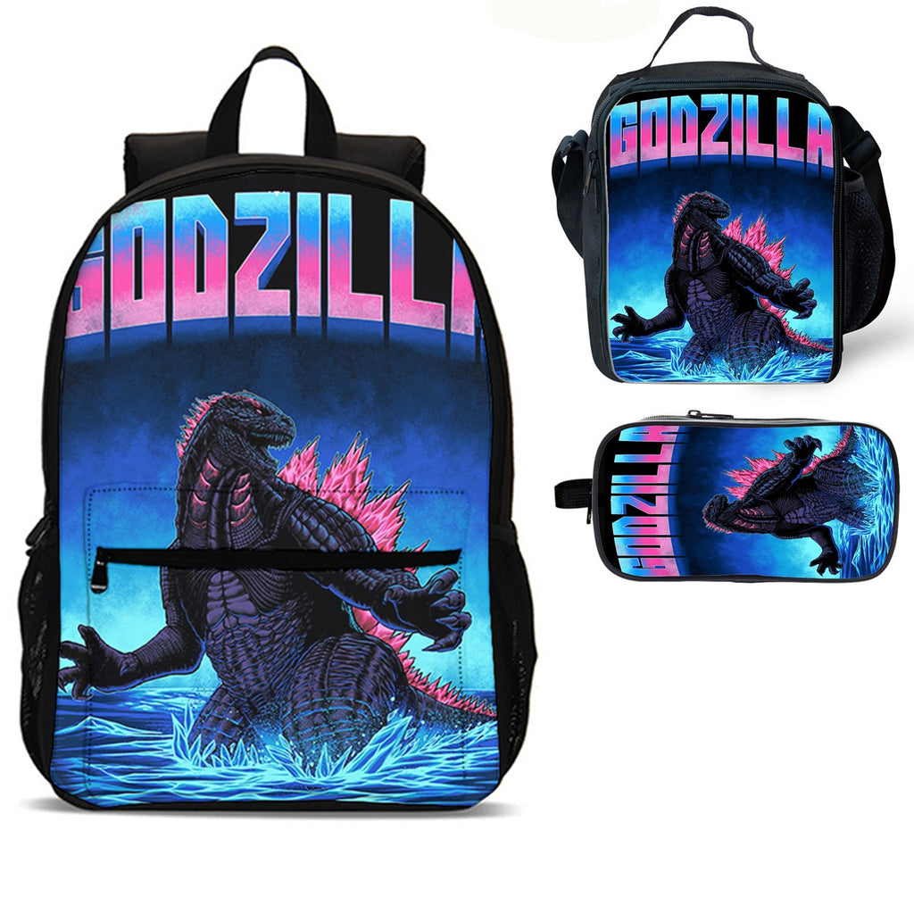 Kids Godzilla 18 inches School Backpack Lunch Bag Pencil Case 3 Pieces Combo