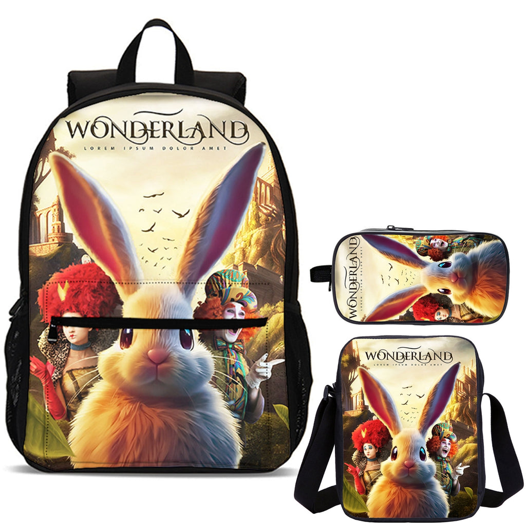 White Rabbit Wonderland Kids 3 Pieces Combo 18" School Backpack Shoulder Bag Pencil Case