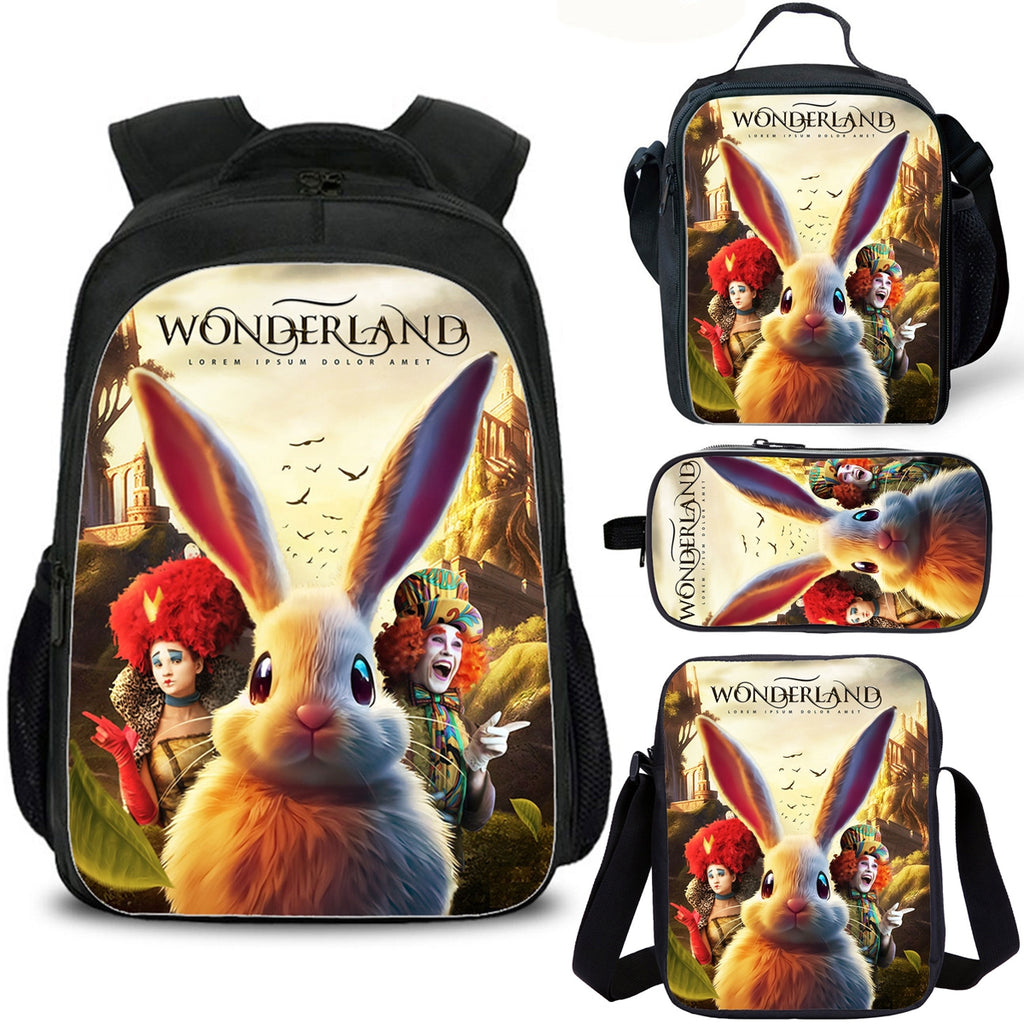 White Rabbit Wonderland Kids School Backpack Lunch Bag Shoulder Bag Pencil Case 4PCS