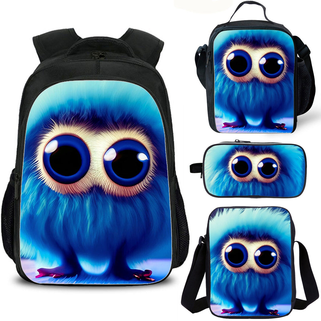 Furry Monster Kids School Backpack Lunch Bag Shoulder Bag Pencil Case 4PCS