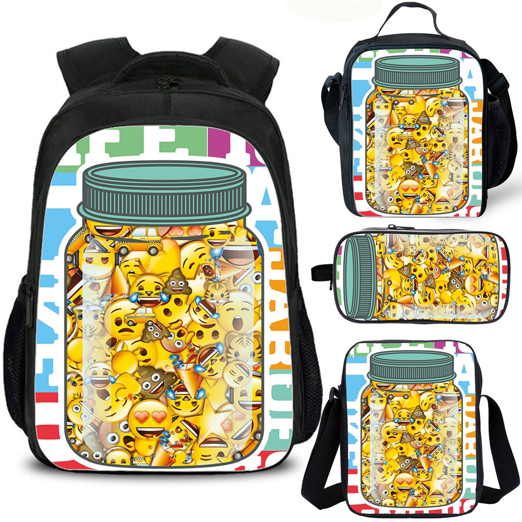 Emoji Smile Face Kids School Backpack Lunch Bag Shoulder Bag Pencil Case 4PCS