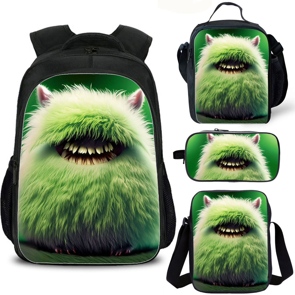 Furry Monster Kids School Backpack Lunch Bag Shoulder Bag Pencil Case 4PCS