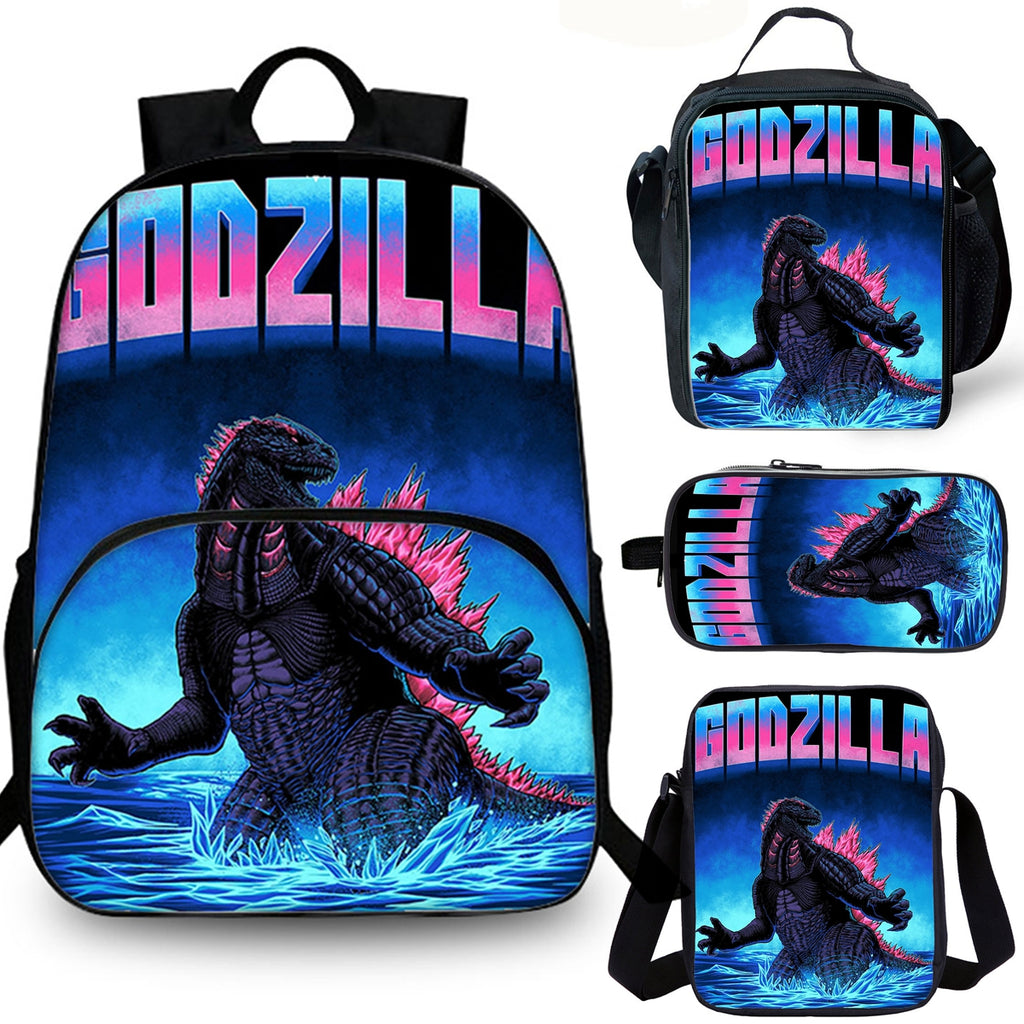 Kids Godzilla 15" School Backpack Lunch Bag Shoulder Bag Pencil Case 4PCS