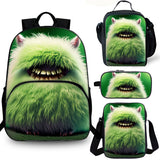 Furry Monster Kids 15" School Backpack Lunch Bag Shoulder Bag Pencil Case 4PCS