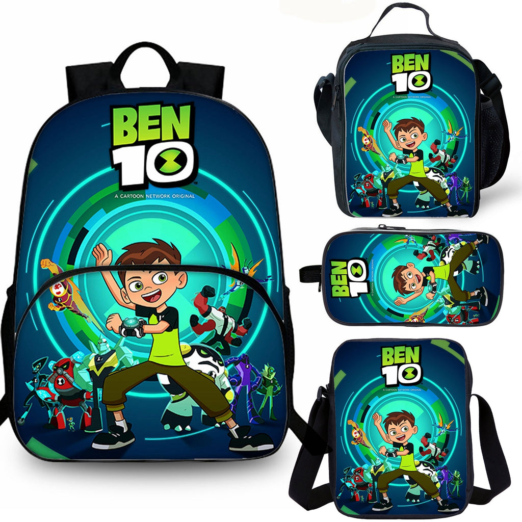 Ben 10 Kids 15 inches School Backpack Lunch Bag Shoulder Bag Pencil Case 4 Pieces Combo