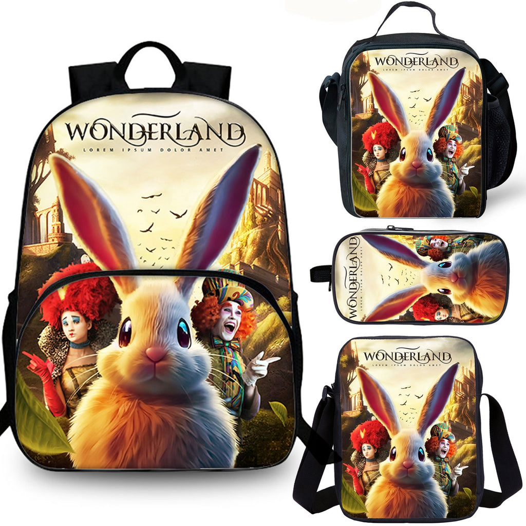 White Rabbit Wonderland Kids 15" School Backpack Lunch Bag Shoulder Bag Pencil Case 4PCS
