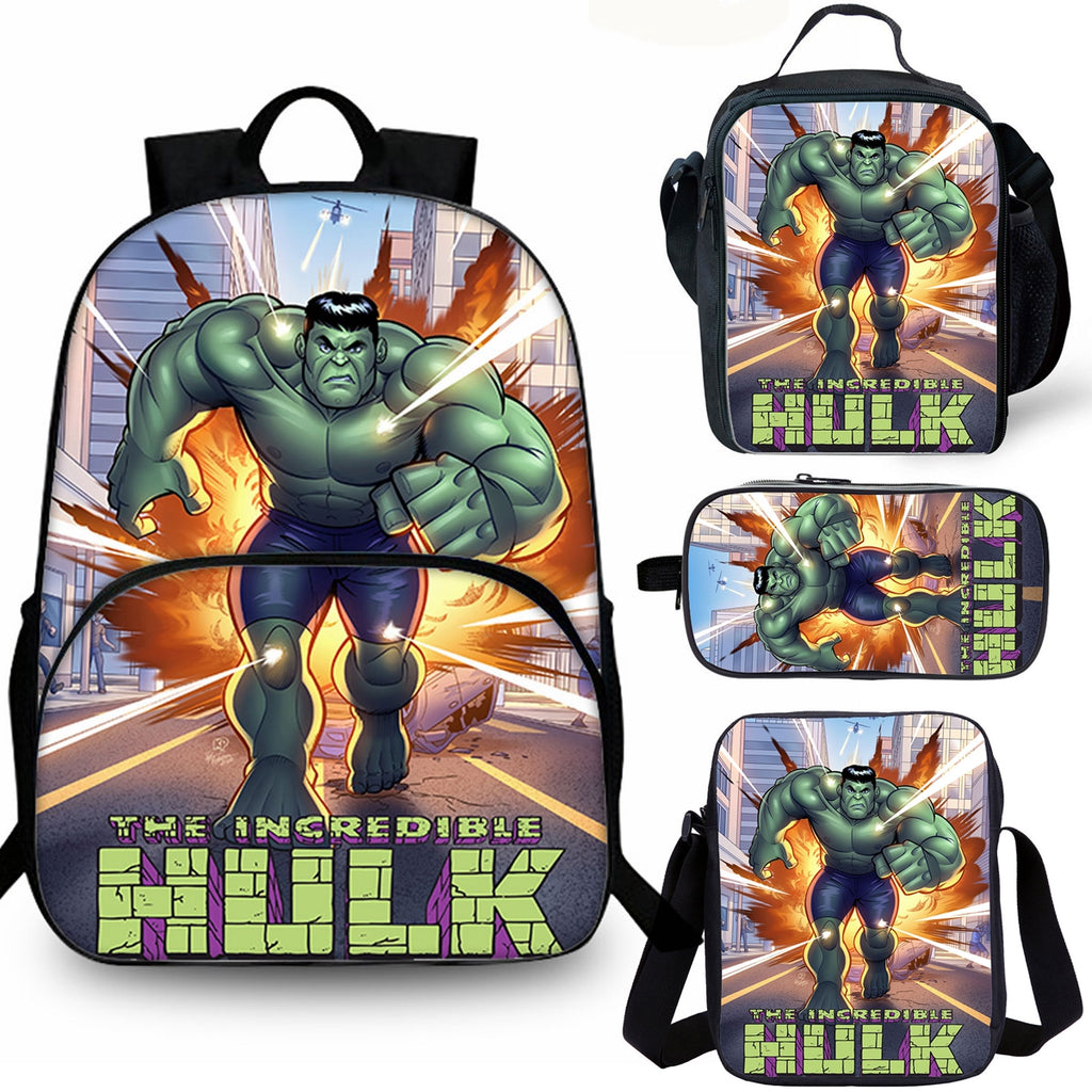 Hulk Kids School Merch 15 inches Backpack Lunch Bag Shoulder Bag Pencil Case 4 Pieces Combo