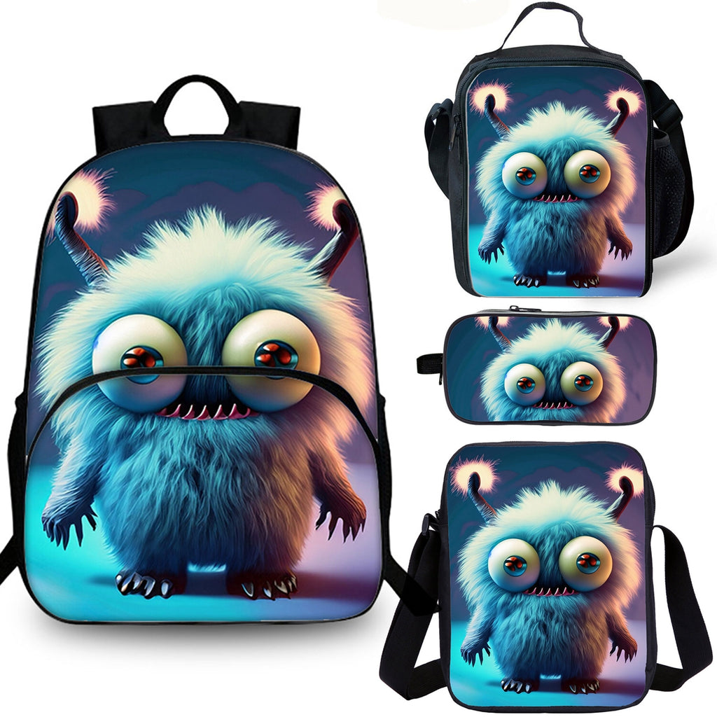 Furry Monster Kids 15" School Backpack Lunch Bag Shoulder Bag Pencil Case 4PCS