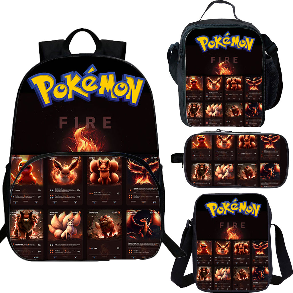 Fire Type Pokemon 15 inches School Backpack Lunch Bag Shoulder Bag Pencil Case 4 Pieces Combo