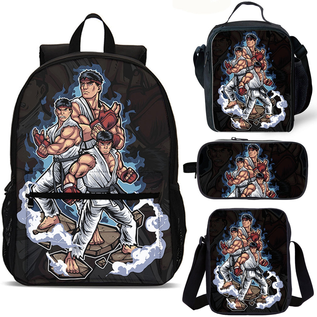Pop Street Fighter Kids School Merch 4PCS 18 inches School Backpack Lunch Bag Shoulder Bag Pencil Case