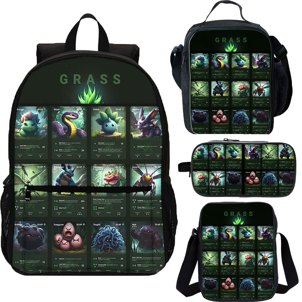 Grass Type Pokemon 4 Pieces Combo 18 inches School Backpack Lunch Bag Shoulder Bag Pencil Case
