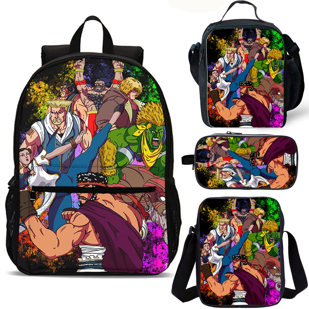 Pop Street Fighter Kids School Merch 4PCS 18 inches School Backpack Lunch Bag Shoulder Bag Pencil Case