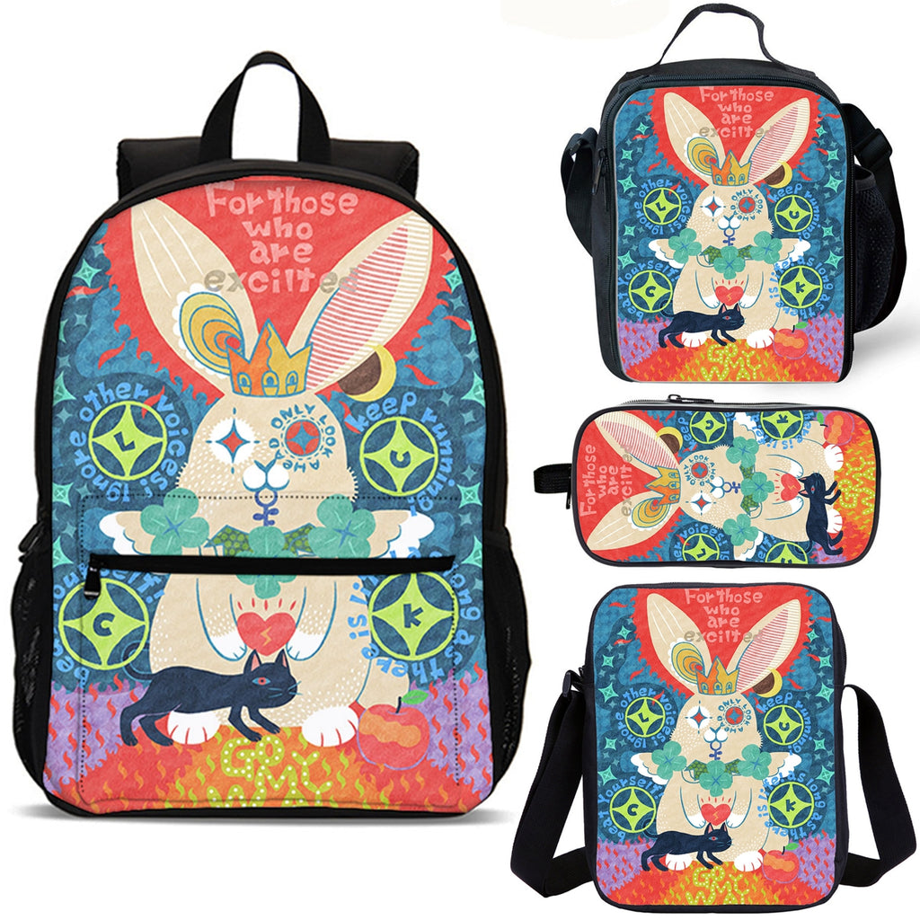 White Rabbit Wonderland Kids School Merch 4PCS 18 inches School Backpack Lunch Bag Shoulder Bag Pencil Case