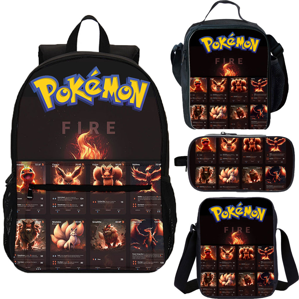 Fire Type Pokemon 4 Pieces Combo 18 inches School Backpack Lunch Bag Shoulder Bag Pencil Case