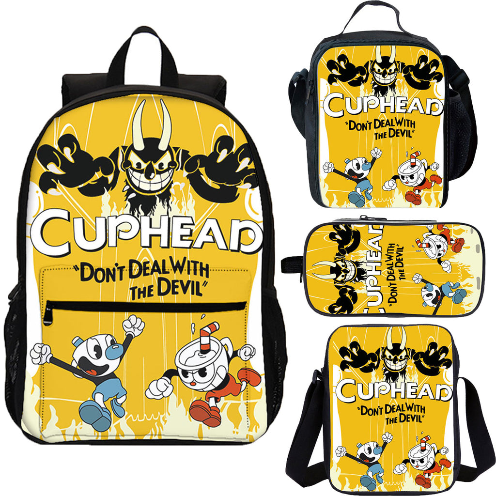 Cuphead 4 Pieces Combo 18 inches School Backpack Lunch Bag Shoulder Bag Pencil Case