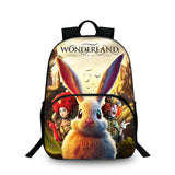 White Rabbit Wonderland Kids 15" Backpack Water Bottle Side Pouches Kid's School Bookbag