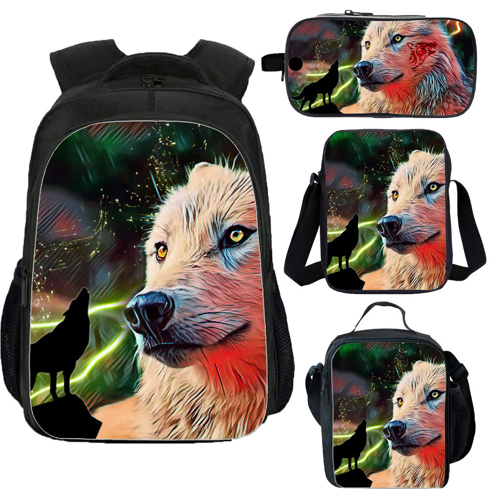 Teen's Wolf Backpack Lunch Bag Shoulder Bag Pencil Case 4 Pieces Bookbags